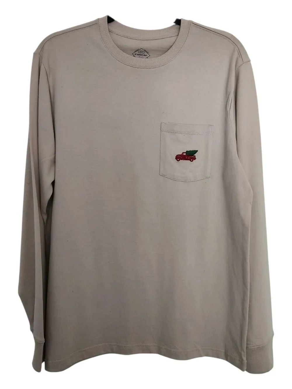 St. Johns Bay Mens Long Sleeve Pocket Tee with Hokiday Truck Embroidery - Taupe